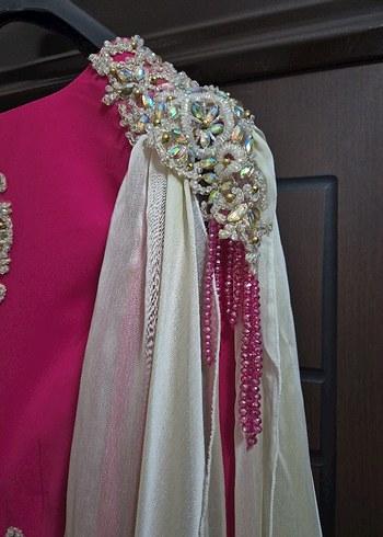 Uzun Kollu Pembe Drapeli Abiye Elbise kaftan - Görsel 5