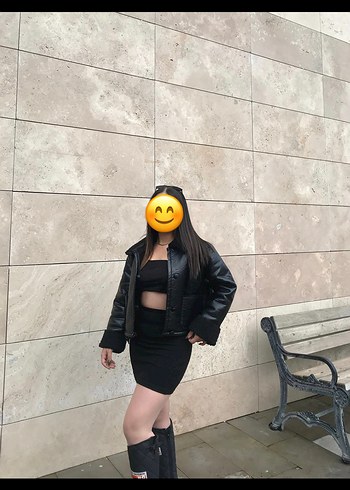 Siyah Deri Kadın Ceket, Strappy Kollu, Midi Boy
