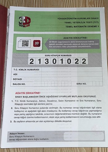 3D Yayınları TYT Matematik Simülasyon Denemeleri 10'lu