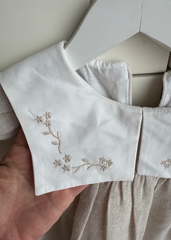 Kız Çocuk Bej Keten Nakışlı Elbise - Görsel 2