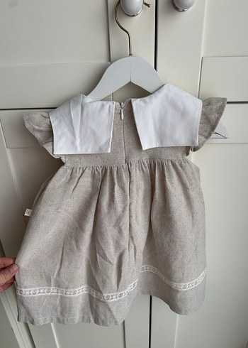 Kız Çocuk Bej Keten Nakışlı Elbise - Görsel 3