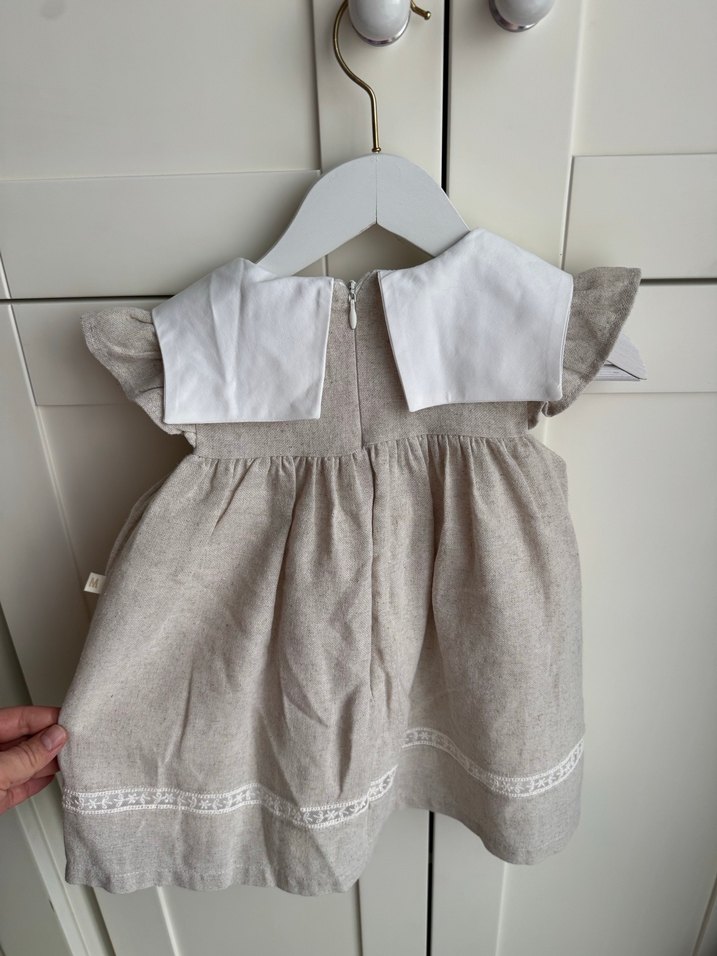 Kız Çocuk Bej Keten Nakışlı Elbise - Görsel 3