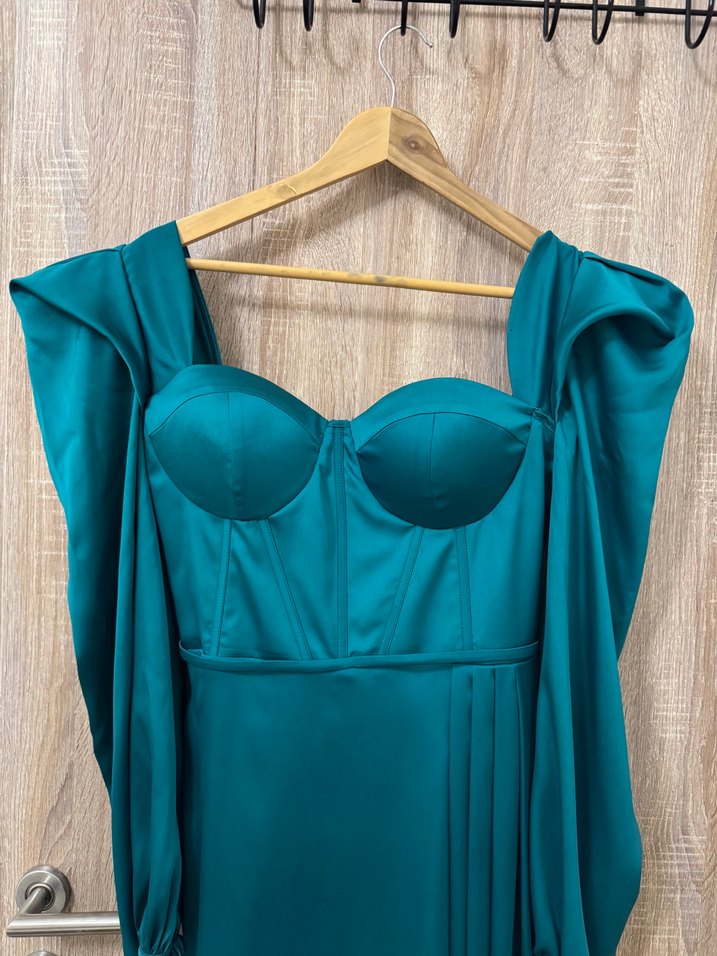 Uzun Parlak Turkuaz Straplez Abiye Elbise - Görsel 3