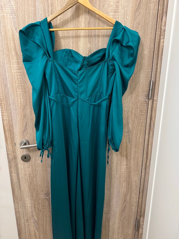 Uzun Parlak Turkuaz Straplez Abiye Elbise - Görsel 4