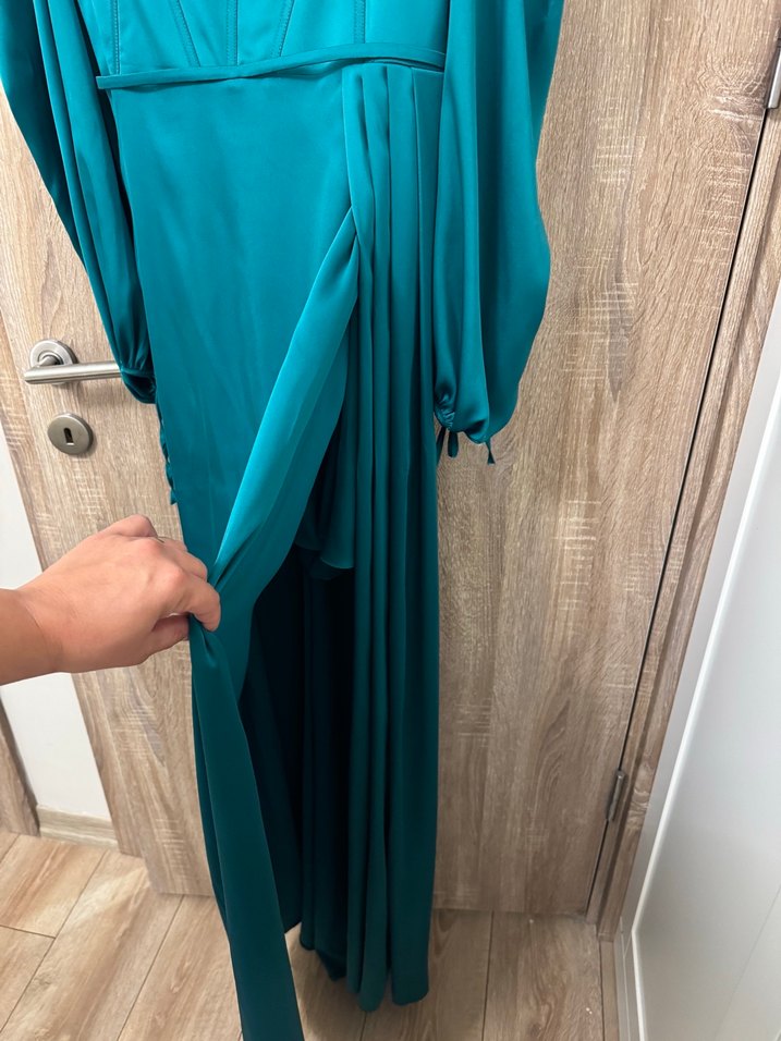 Uzun Parlak Turkuaz Straplez Abiye Elbise - Görsel 2