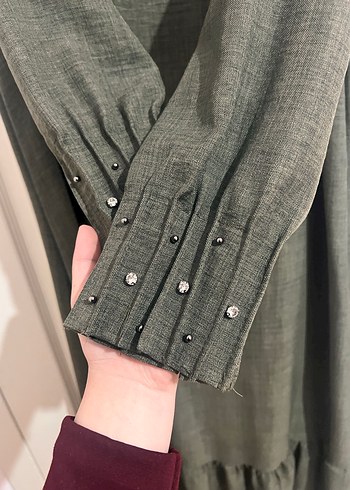 Haki yeşili Nakışlı Uzun Keten Elbise - Görsel 4