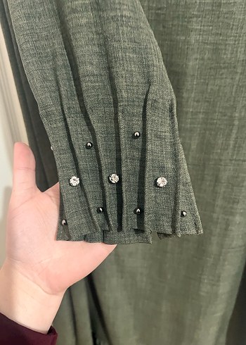 Haki yeşili Nakışlı Uzun Keten Elbise - Görsel 6