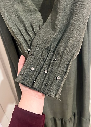 Haki yeşili Nakışlı Uzun Keten Elbise - Görsel 5