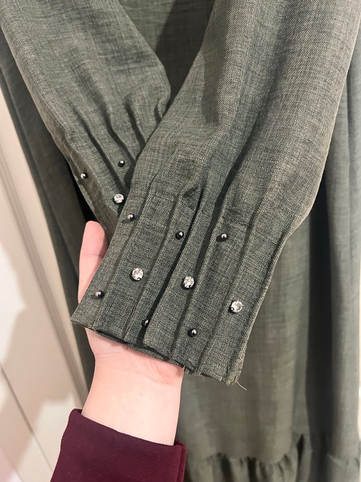 Haki yeşili Nakışlı Uzun Keten Elbise - Görsel 4