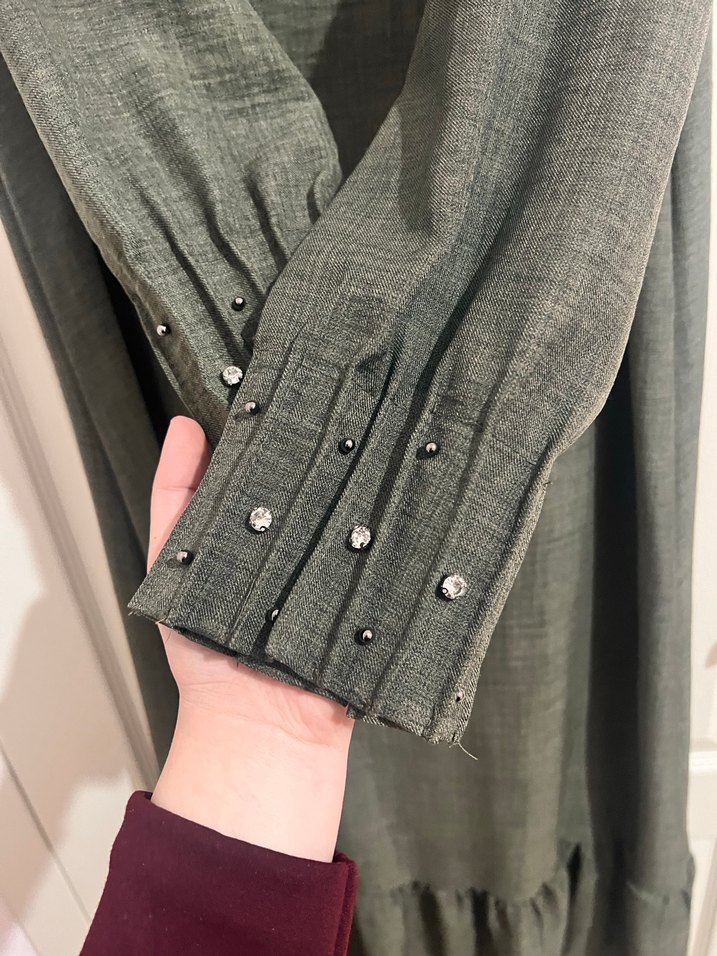 Haki yeşili Nakışlı Uzun Keten Elbise - Görsel 5