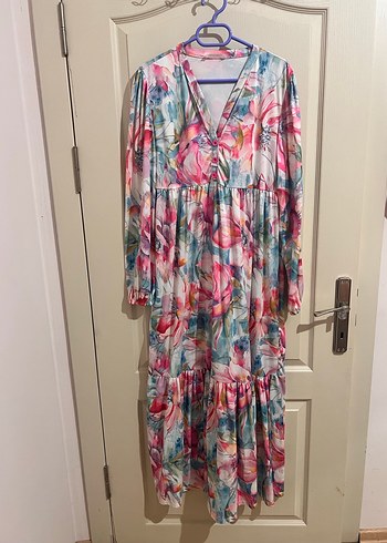 V Yaka Uzun Bohem Salaş Elbise - Görsel 4