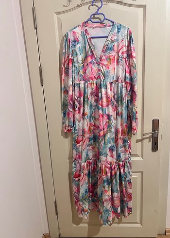 V Yaka Uzun Bohem Salaş Elbise - Görsel 5