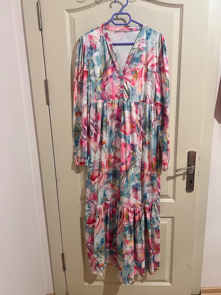 V Yaka Uzun Bohem Salaş Elbise - Görsel 4