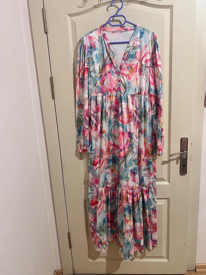 V Yaka Uzun Bohem Salaş Elbise - Görsel 5