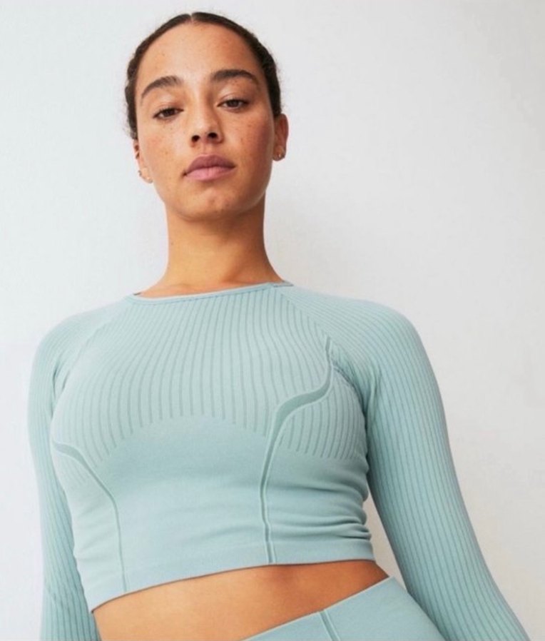 Kadın Pastel mavi  V Yaka Uzun Kollu Spor Üst - Görsel 2