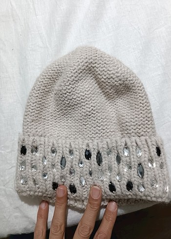 Sade Taş Detaylı Örgü Bej Bere - Görsel 2