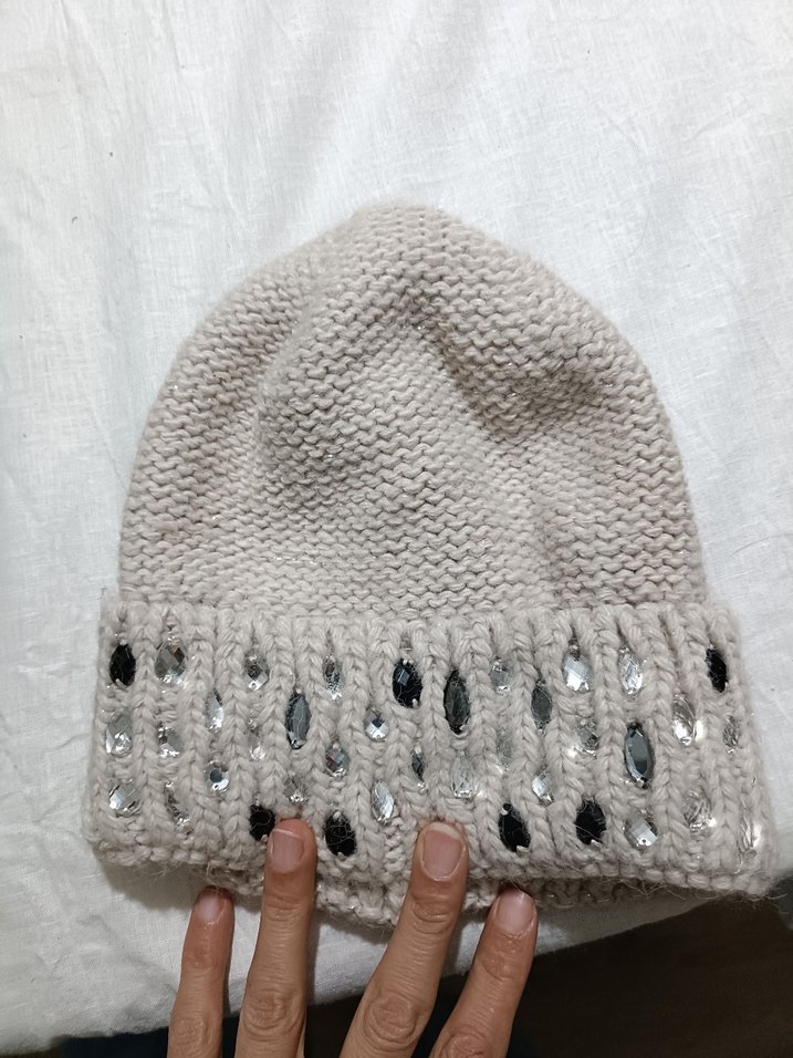 Sade Taş Detaylı Örgü Bej Bere - Görsel 2