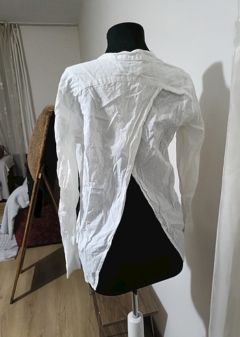 Düğmeli Beyaz Keten Kadın Gömlek - Görsel 3