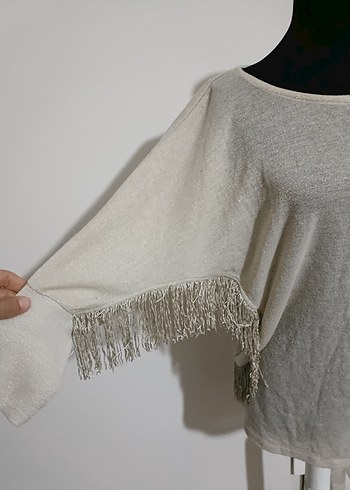 Gri Bohem Püsküllü Kadın Triko Kazak - Görsel 2