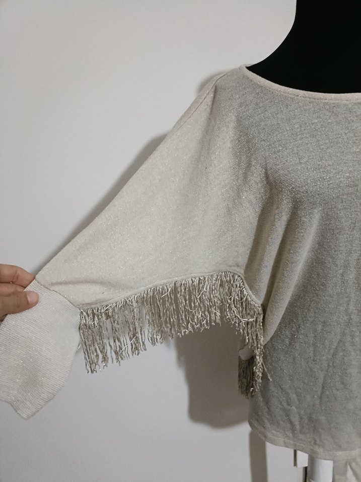 Gri Bohem Püsküllü Kadın Triko Kazak - Görsel 2
