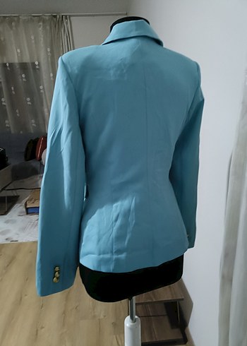 Düğmeli Mavi Mini Kadın Blazer Ceket - Görsel 3