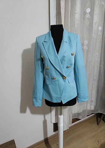 Düğmeli Mavi Mini Kadın Blazer Ceket - Görsel 2