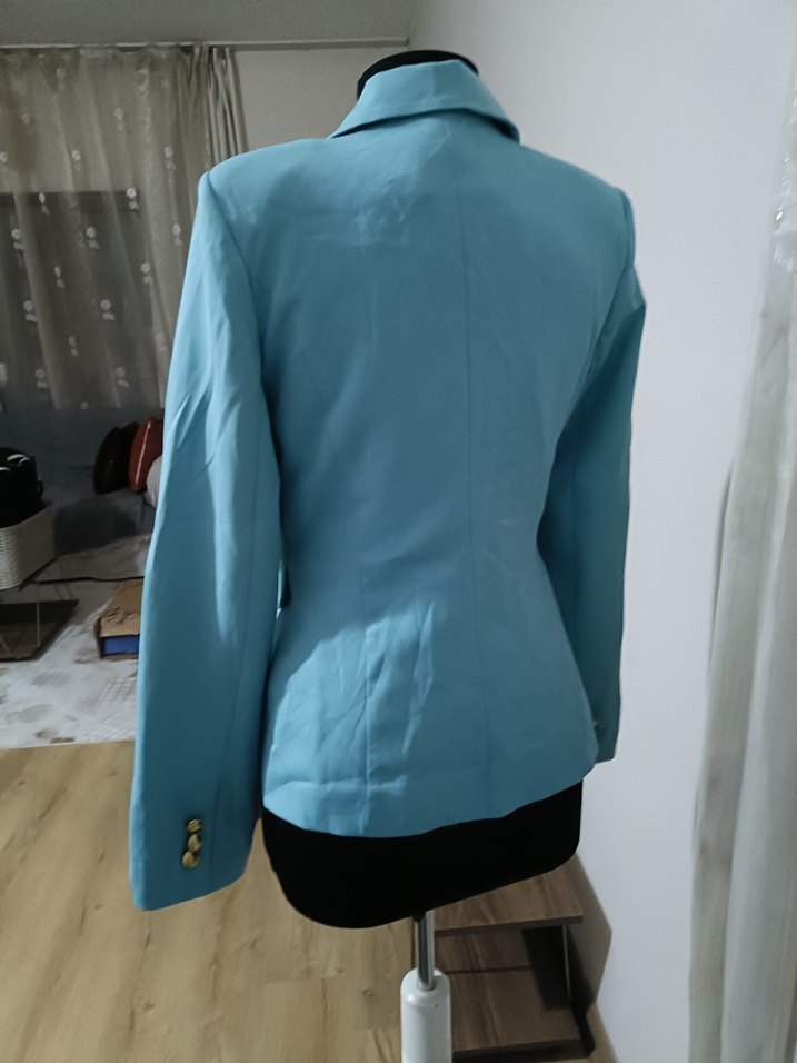 Düğmeli Mavi Mini Kadın Blazer Ceket - Görsel 3
