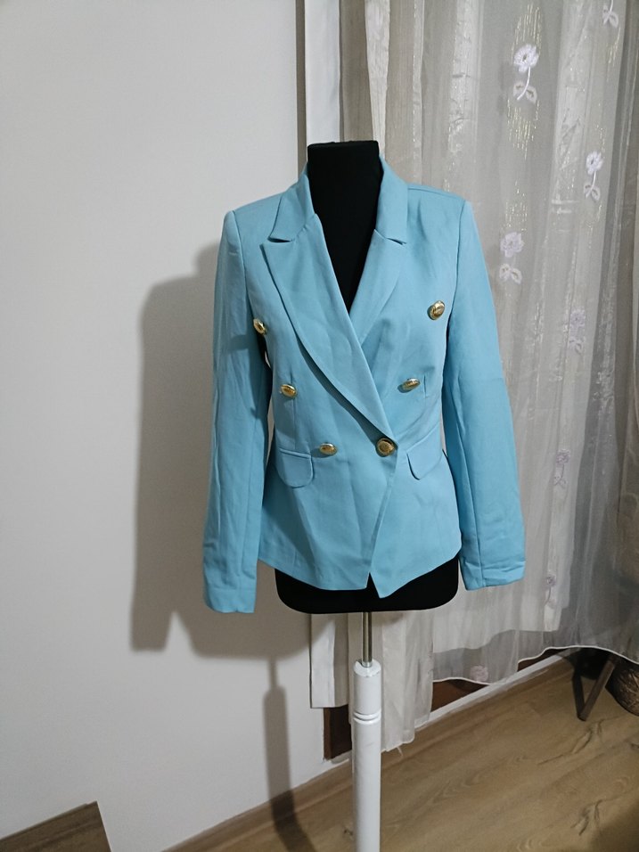 Düğmeli Mavi Mini Kadın Blazer Ceket - Görsel 2