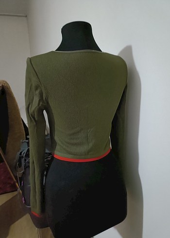 Kadın Haki Kısa Fitilli Uzun Kollu Kazak - Görsel 2