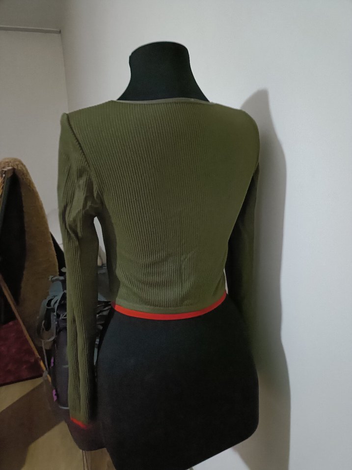 Kadın Haki Kısa Fitilli Uzun Kollu Kazak - Görsel 2