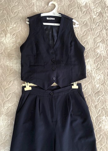 xl Beden Lacivert Mini Kumaş Pantolon ve Düğmeli Yelek