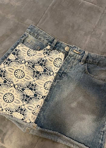 Dantel Detaylı Mavi Denim Mini Etek - Görsel 3