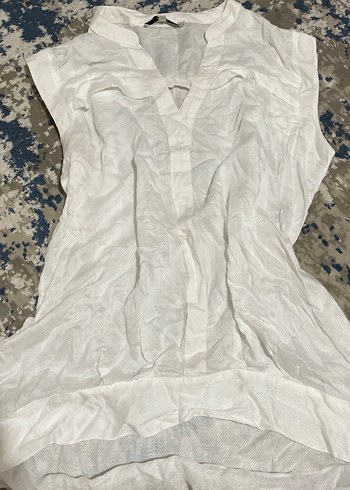 Beyaz Keten V Yaka Salaş Uzun Bluz - Görsel 2