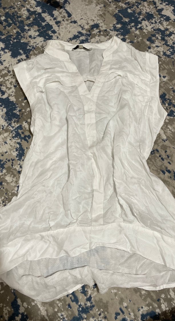 Beyaz Keten V Yaka Salaş Uzun Bluz - Görsel 2