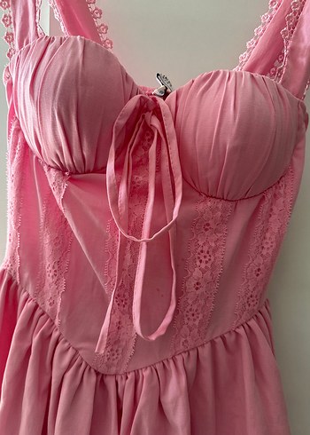Dantel Detaylı Pembe kalın dantel askılı Mini Elbise - Görsel 2
