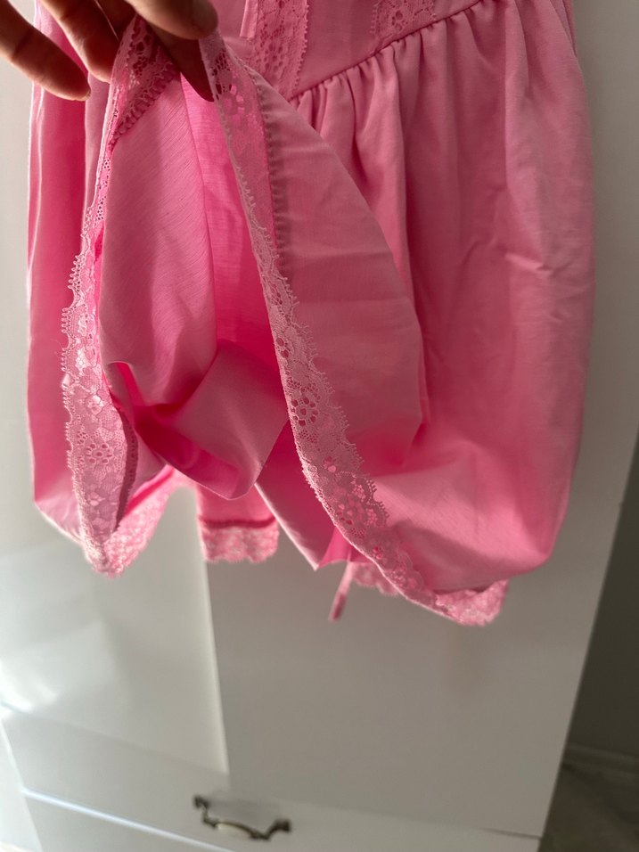 Dantel Detaylı Pembe kalın dantel askılı Mini Elbise - Görsel 4