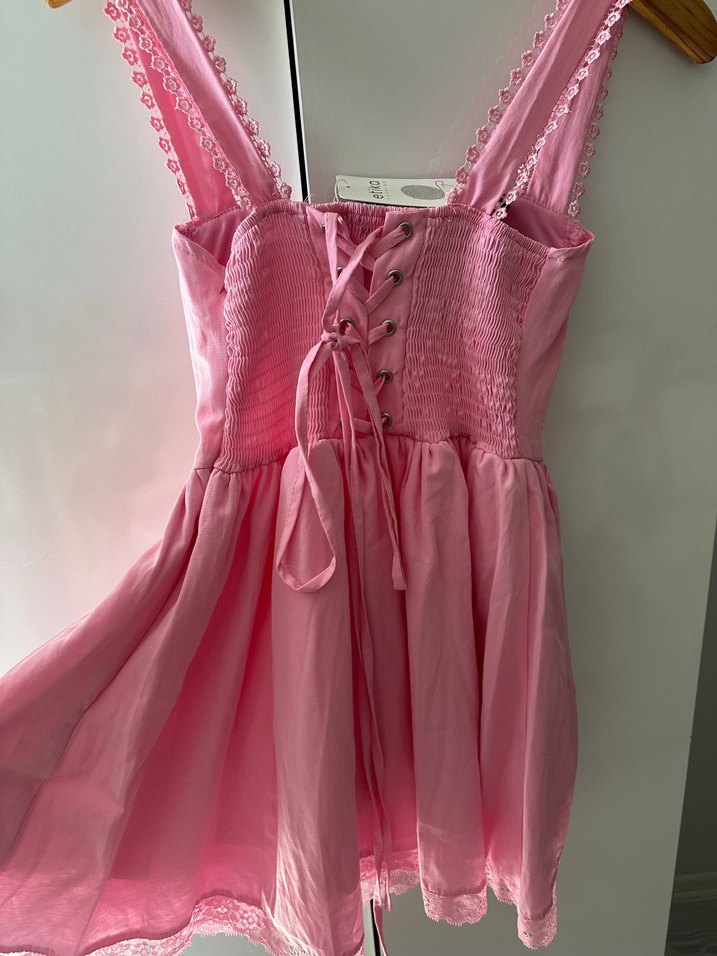 Dantel Detaylı Pembe kalın dantel askılı Mini Elbise - Görsel 5