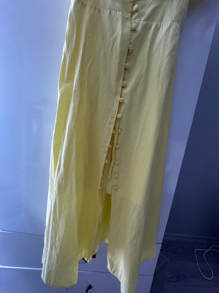 Sarı V Yaka Midi Düğmeli Elbise - Görsel 4