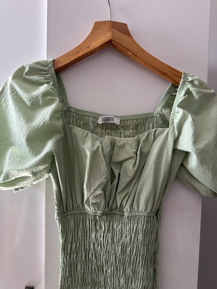 Yeşil Pilili Mini Keten Elbise - Görsel 2