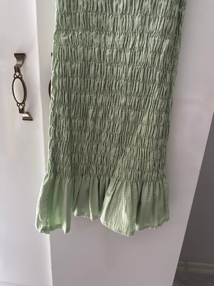 Yeşil Pilili Mini Keten Elbise - Görsel 3