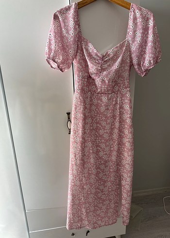 Pembe V Yaka Drapeli Bohem Uzun Elbise