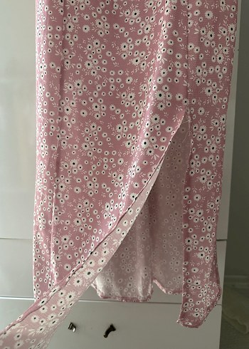 Pembe V Yaka Drapeli Bohem Uzun Elbise - Görsel 3