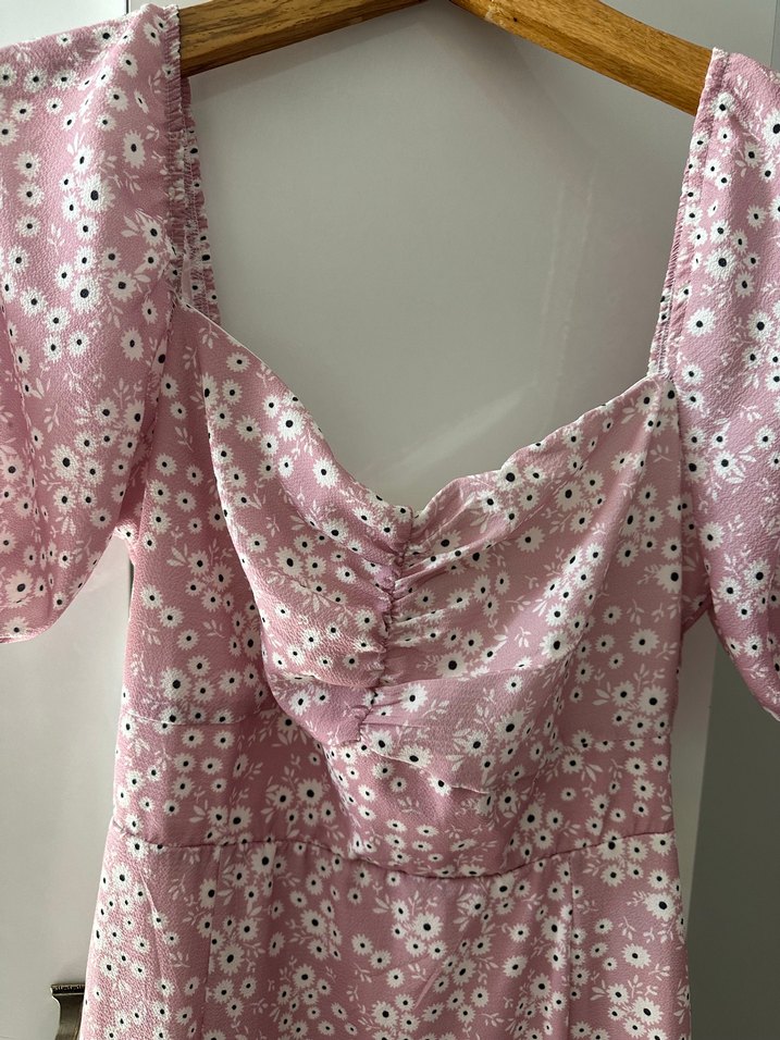 Pembe V Yaka Drapeli Bohem Uzun Elbise - Görsel 2