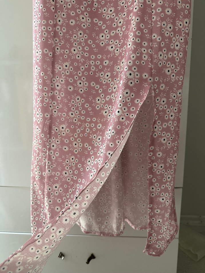 Pembe V Yaka Drapeli Bohem Uzun Elbise - Görsel 3