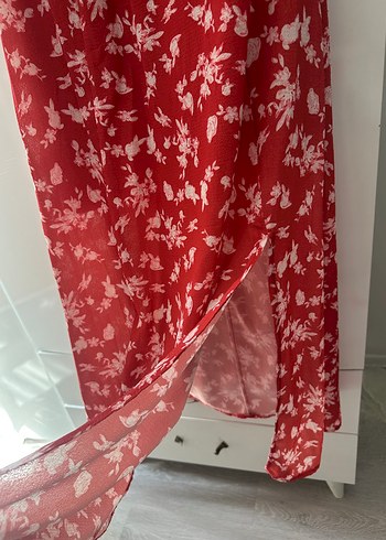 Halif balon Kollu Kırmızı Midi Elbise - Görsel 3