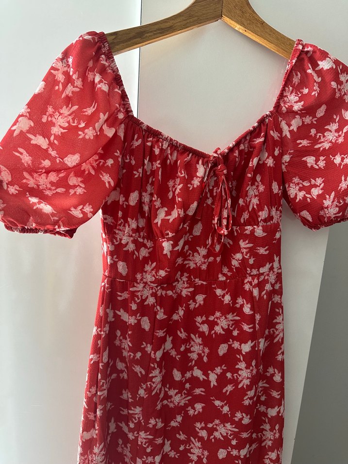 Halif balon Kollu Kırmızı Midi Elbise - Görsel 4