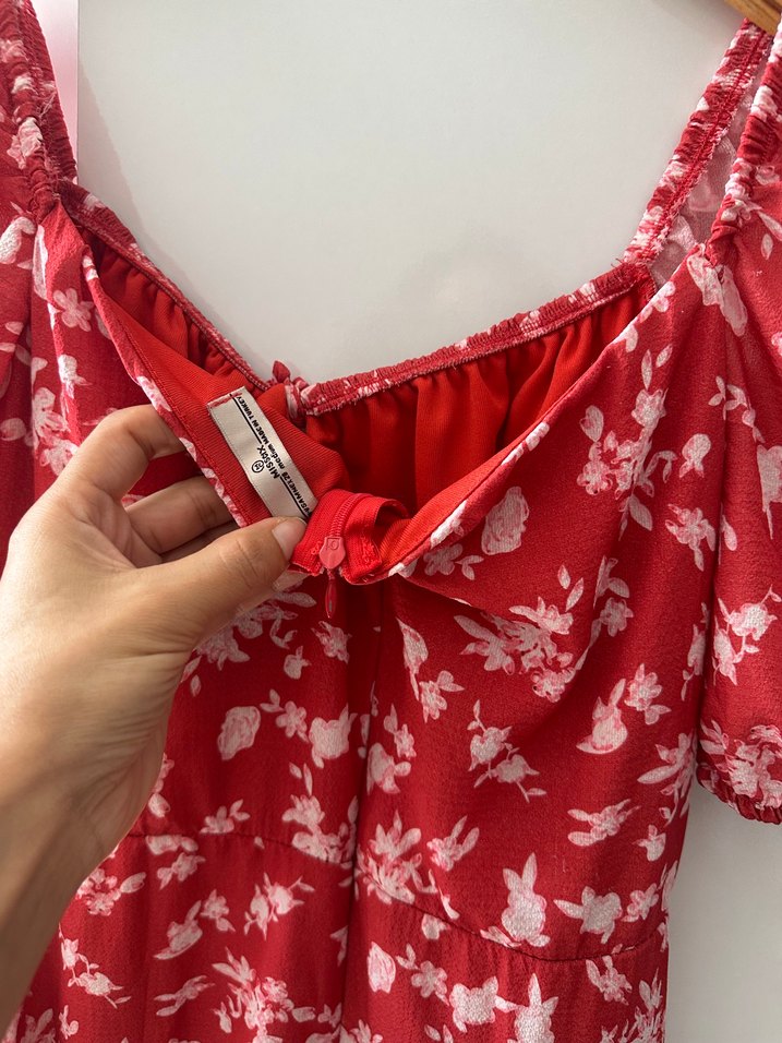 Halif balon Kollu Kırmızı Midi Elbise - Görsel 5