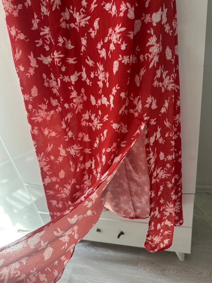 Halif balon Kollu Kırmızı Midi Elbise - Görsel 3