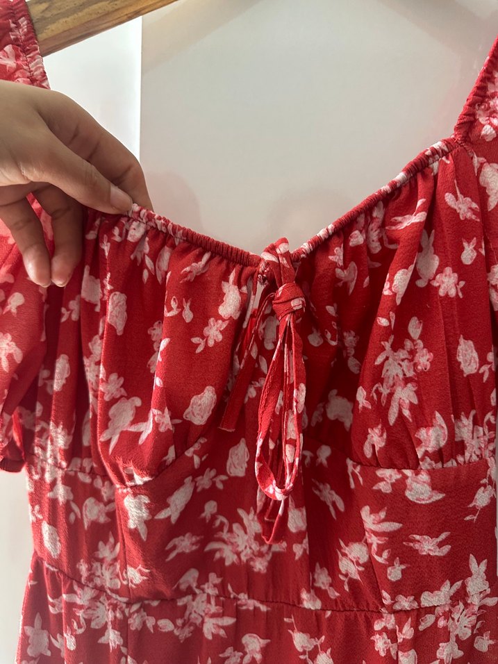 Halif balon Kollu Kırmızı Midi Elbise - Görsel 2