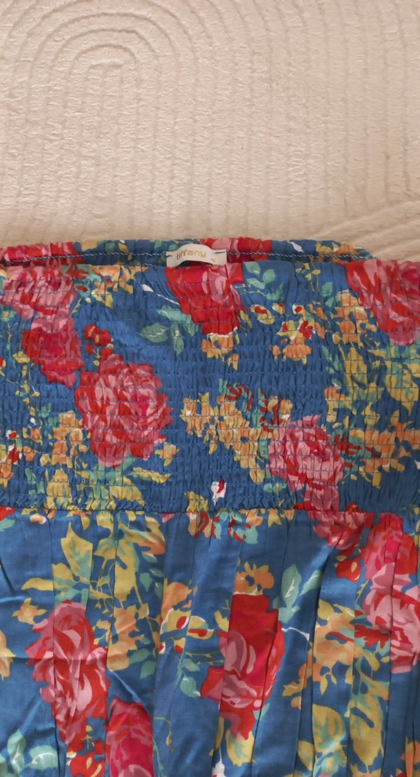 Çiçek Desenli Straplez Bohem Tulum viskon kumaş tiri tiril - Görsel 2